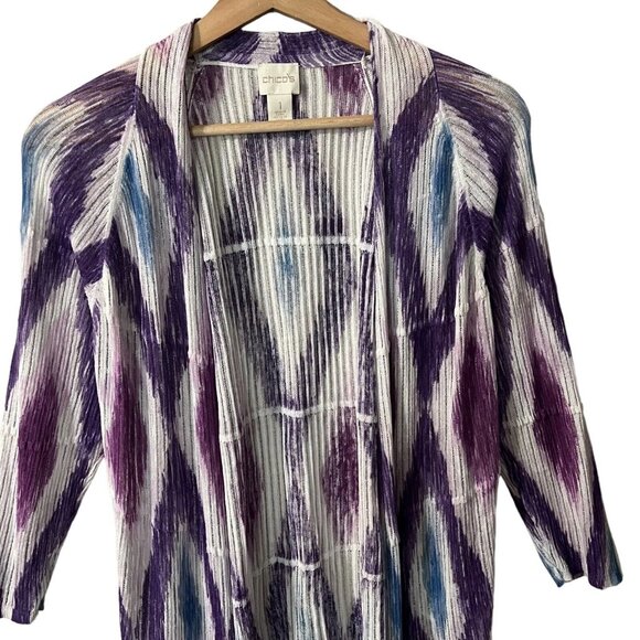 Chicos Ikat Textured Cardigan Size 1 Medium Purple Ombre Tie Dye Open Front - Picture 3 of 8